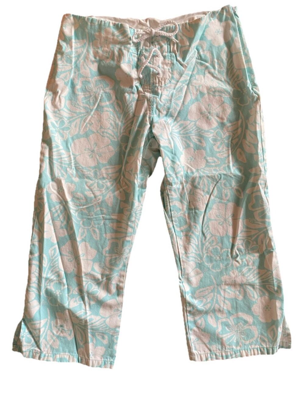 Vintage Y2K Old Navy Blue and White Floral Cotton Capris- size girls 16